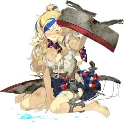 Rule 34 | 1girl, :q, akira (kadokawa), blonde hair, blouse, blue eyes, blue hair, breasts, cleavage, commandant teste (kancolle), food, full body, hair ornament, ice cream, kantai collection, long hair, looking at viewer, medium breasts, multicolored hair, official art, red hair, sandals, shirt, sitting, skirt, solo, streaked hair, tongue, tongue out, torn clothes, transparent background, wariza, white hair