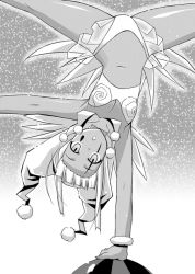 Rule 34 | 00s, 1girl, :o, balancing, ball, blush, facial mark, greyscale, handstand, hat, jester cap, looking at viewer, mahou sensei negima!, makeup, midriff, monochrome, navel, one arm handstand, parted lips, revealing clothes, solo, spread legs, stomach, tattoo, teardrop tattoo, top-down bottom-up, utamaro, zazie rainyday