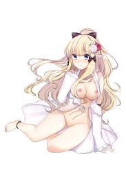 Rule 34 | 1girl, bare shoulders, barefoot, black bow, blonde hair, blue eyes, blush, bow, breasts, coat, commentary request, flower, full body, groin, hair bow, hair flower, hair ornament, hand up, high ponytail, highres, jacket, long sleeves, looking at viewer, medium breasts, naked coat, navel, nipples, no pussy, parted lips, pointy ears, ponytail, princess connect!, red flower, red rose, rinringyo, rose, saren (princess connect!), saren (summer) (princess connect!), sidelocks, simple background, sitting, sleeves past wrists, solo, transparent background, white background, white flower, white jacket, wide sleeves, yokozuwari
