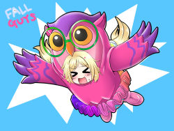 Rule 34 | &gt; &lt;, 1girl, :d, aki rosenthal, beak, blonde hair, blue background, blush, chibi, closed eyes, colored sclera, commentary request, copyright name, cosplay, detached hair, fall guy, fall guy (cosplay), full body, glasses, green-framed eyewear, highres, hololive, midair, multicolored clothes, multicolored skirt, open mouth, outstretched arms, owl costume, pink footwear, ponytail, rainbow skirt, round eyewear, ruuru (fruule), shoes, simple background, skirt, smile, solo, sweatdrop, tutu, virtual youtuber, yellow sclera