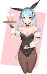 Rule 34 | 1girl, alcohol, alternate costume, bare shoulders, blue hair, breasts, drink, fire emblem, fire emblem fates, flora (fire emblem), glass, grey eyes, haru (nakajou-28), highres, leotard, looking at viewer, nintendo, pantyhose, pink background, plate, playboy bunny, short hair, small breasts, smile, solo, twintails, waitress