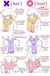 Rule 34 | 1girl, commentary, english commentary, english text, guide, highres, how to, medium hair, multiple views, original, purple scarf, red scarf, scarf, simple background, white background, yellow scarf, yoshimura takuya