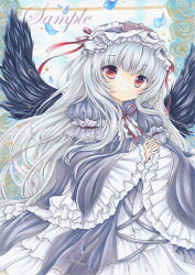 Rule 34 | 1girl, bad id, bad pixiv id, black wings, cross, dress, flower, frills, gothic lolita, hairband, lolita fashion, lolita hairband, looking at viewer, marker (medium), own hands together, petals, red eyes, ribbon, rose, rose petals, rozen maiden, rui (sugar3), sample watermark, silver hair, solo, suigintou, traditional media, watermark, wings