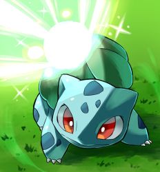 Rule 34 | bulbasaur, closed mouth, commentary, creatures (company), day, from above, game freak, gen 1 pokemon, grass, highres, hyou (hyouga617), nintendo, no humans, orange eyes, outdoors, pokemon, pokemon (creature), pokemon move, solar beam (pokemon), solo
