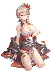 Rule 34 | 1girl, alternate hairstyle, armpit peek, bare shoulders, breasts, budget sarashi, closed mouth, collarbone, earrings, flower, full body, grey hair, hair flower, hair ornament, hair over one eye, hair ribbon, high collar, highres, honkai (series), honkai impact 3rd, jewelry, large breasts, liu lan, mole, mole under eye, red eyes, ribbon, rita rossweisse, rita rossweisse (umbral rose), sarashi, seiza, short hair, side ponytail, simple background, sitting, smile, solo, thighlet, white background