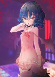 Rule 34 | 2girls, bare shoulders, black hair, blood, blood on face, blood on hands, blue hair, bow, breasts, fang, hair bow, hair tubes, hakurei reimu, indoors, lingerie, multiple girls, negligee, open mouth, pink negligee, red eyes, remilia scarlet, short hair, sketch, slit pupils, small breasts, solo focus, strap slip, touhou, tousen, underwear