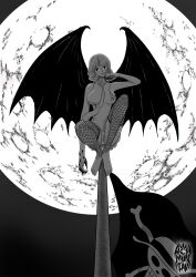 Rule 34 | 1girl, achmunzav, artist name, bat wings, blood, blood on hands, commentary, english commentary, fishnets, full moon, highres, jolly roger, looking at viewer, medium hair, moon, night, one piece, solo, spoilers, straw hats jolly roger, stussy (one piece), wings