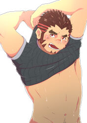 Rule 34 | 1boy, absurdres, akashi (live a hero), alternate muscle size, bara, bottomless, bulge, clothes lift, dotsu (wtnbkwiyd), facial hair, goatee, highres, hot, lifting own clothes, live a hero, long sideburns, male focus, open mouth, pectorals, red eyes, red hair, scar, scar on face, scar on nose, shirt lift, short hair, sideburns, solo, sparse navel hair, sweat, thick eyebrows, toned, toned male, underpec, undressing, upper body