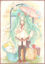 Rule 34 | 1girl, as8521, bad id, bad pixiv id, envelope, closed eyes, green hair, hatsune miku, long hair, mary janes, shoes, skirt, solo, suitcase, twintails, umbrella, very long hair, vocaloid, window