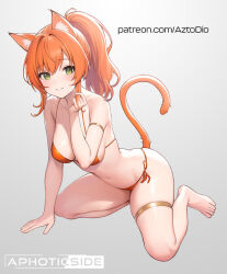 Rule 34 | 1girl, ai-assisted, animal ear fluff, animal ears, aztodio, bikini, breasts, cat ears, cat girl, cat tail, closed mouth, commentary, english commentary, green eyes, grey background, looking at viewer, medium breasts, orange bikini, orange hair, original, patreon username, ponytail, smile, sol, swimsuit, tail, thigh strap