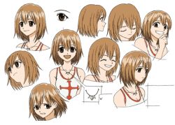 Rule 34 | 00s, 1girl, :d, ^ ^, angry, breasts, brown eyes, brown hair, character sheet, cleavage, clenched teeth, close-up, closed eyes, cross, elie, expressions, frown, grin, hair between eyes, hand on own chin, jewelry, looking at viewer, looking away, lowres, matsushima akira, model sheet, naughty face, necklace, official art, open mouth, pendant, profile, rave, sad, short hair, simple background, smile, tank top, teeth, white background