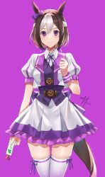 Rule 34 | 1girl, absurdres, animal ears, brown hair, closed mouth, hair between eyes, highres, hitomin (ksws7544), horse ears, horse girl, horse tail, looking at viewer, multicolored hair, puffy short sleeves, puffy sleeves, purple background, short hair, short sleeves, simple background, skirt, smile, solo, special week (umamusume), standing, streaked hair, tail, thighhighs, thighs, umamusume, white hair, white skirt, white thighhighs, zettai ryouiki