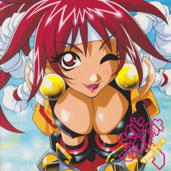 Rule 34 | 1990s (style), 1girl, bloodberry, breasts, cleavage, covered erect nipples, earrings, fangs, gloves, headband, jewelry, kotobuki tsukasa, large breasts, leaning forward, lipstick, long hair, looking at viewer, lowres, makeup, non-web source, official art, one eye closed, open mouth, red eyes, red hair, retro artstyle, saber marionette j, solo