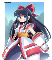 Rule 34 | 1girl, ainu clothes, artist name, black hair, blue eyes, breasts, dragodragodran, fingerless gloves, gloves, hair ribbon, highres, large breasts, legs, long hair, looking at viewer, nakoruru, pants, ribbon, samurai spirits, smile, snk, solo, the king of fighters, thick thighs, thighs, weapon