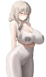 Rule 34 | 1girl, arms behind back, bare shoulders, blush, bra, breast milk, breasts, cleavage, closed eyes, covered navel, embarrassed, female focus, grey hair, hair over shoulder, highres, huge breasts, k pring, lactation, lactation through clothes, large breasts, long hair, mature female, pants, sagging breasts, shirt, simple background, sports bra, standing, third-party edit, underwear, unfinished, uzaki-chan wa asobitai!, uzaki tsuki, wet, wet clothes, wet shirt, white background, white pants, yoga pants