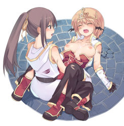 Rule 34 | 2girls, bandages, bare shoulders, blush, boots, breasts, brown hair, champion (ragnarok online), circlet, closed eyes, clothed sex, cum, cum on body, cum on breasts, cum on clothes, cum on upper body, detached sleeves, dirty, fireflysnow, futa with female, futanari, hair ribbon, head wings, implied futanari, long hair, multiple girls, nipples, open mouth, ponytail, ragnarok online, ribbon, saliva, short hair, sitting, smile, tongue, torn clothes, wariza, wings