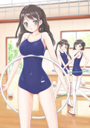 Rule 34 | 3girls, :o, ass, ball, black hair, blue one-piece swimsuit, blush, bob cut, braid, breast envy, breast rest, breasts, cleavage, collarbone, competition school swimsuit, day, dktaka, facing viewer, from side, full body, green eyes, gym, head tilt, hip focus, holding, hoop, hula hoop, indoors, kneepits, knees together feet apart, large breasts, leg lift, legs apart, long hair, looking at viewer, looking back, mat, multiple girls, new school swimsuit, old school swimsuit, one-piece swimsuit, one side up, original, parted bangs, railing, reflection, school swimsuit, shoes, short hair, side ponytail, sidelocks, small breasts, socks, standing, standing on one leg, sunlight, surprised, swept bangs, swimsuit, taut clothes, thighhighs, tree, twin braids, twintails, uwabaki, volleyball, volleyball (object), white footwear, white legwear, window, wooden floor