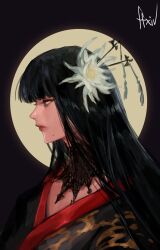 Rule 34 | 1girl, black background, black collar, black hair, black kimono, blunt bangs, collar, commentary request, copyright name, epiphyllum, expressionless, final fantasy, final fantasy xiv, flower, from side, full moon, grey eyes, hair flower, hair ornament, hair stick, highres, hyur, japanese clothes, kimono, korean commentary, lace collar, long hair, looking ahead, mole, mole under mouth, moon, portrait, profile, rugi rugi, simple background, sketch, solo, straight hair, yotsuyu goe brutus