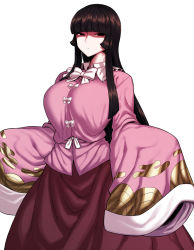 Rule 34 | 1girl, black hair, bow, breasts, brown eyes, expressionless, highres, hime cut, houraisan kaguya, huge breasts, japanese clothes, jitome, long hair, long skirt, looking at viewer, pale skin, pink shirt, purple skirt, shaded face, shirt, skirt, sleeves past wrists, solo, spacezin, touhou, very long hair, white background, wide sleeves