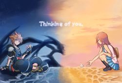 Rule 34 | 1boy, 1girl, blue eyes, brown hair, closed mouth, english text, gloves, highres, jewelry, kairi (kingdom hearts), kingdom hearts, kingdom hearts ii, medium hair, mihau my, necklace, red hair, skirt, sleeveless, smile, sora (kingdom hearts), spiked hair, square enix
