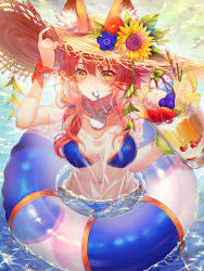 Rule 34 | 10s, 1girl, animal ear fluff, animal ears, arm up, bad id, bad pixiv id, beach, bikini, blue bikini, blue flower, blueberry, blush, breasts, brown hat, cantaloupe, chocolate, cleavage, collarbone, commentary, cup, day, dessert, drinking glass, ears through headwear, fate/extra, fate/grand order, fate (series), flower, food, fox ears, from above, fruit, hair between eyes, hair tie, hand on headwear, hat, hat flower, highres, holding, holding cup, holding drinking glass, ice cream, innertube, jewelry, large breasts, leaf, light particles, long hair, looking at viewer, mellozzo, melon, mouth hold, navel, necklace, ocean, orange (fruit), orange bikini, orange slice, outdoors, partially submerged, pink hair, red flower, sand, scrunchie, see-through, shirt, short sleeves, side-tie bikini bottom, slit pupils, smile, solo, sparkle, spoon, starfish, stomach, straw hat, strawberry, summer, sun hat, sunflower, sunlight, swim ring, swimsuit, tamamo (fate), tamamo no mae (fate/extra), tamamo no mae (swimsuit lancer) (fate), utensil in mouth, wading, water drop, wet, wet clothes, wet shirt, white shirt, wrist scrunchie, yellow eyes, yellow flower