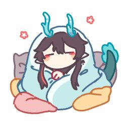 Rule 34 | 1boy, animated, animated gif, aqua horns, aqua tail, black hair, blush, chibi, closed eyes, comfy, dan heng (honkai: star rail), dan heng (imbibitor lunae) (honkai: star rail), earrings, eyeliner, flower (symbol), hair between eyes, honkai: star rail, honkai (series), horns, jewelry, makeup, male focus, multicolored hair, no mouth, no nose, pillow, pointy ears, red eyeliner, sidelocks, simple background, single earring, solo, streaked hair, tail, tail wagging, unananagi, white background