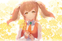Rule 34 | 1girl, nanashi inc., animare, bare shoulders, brown hair, closed mouth, clothing cutout, collared shirt, commentary request, dress, fingernails, flower, hair flower, hair ornament, half-closed eyes, hands up, head tilt, highres, holding, holding flower, inaba haneru (animare), kokka han, long sleeves, looking at viewer, orange dress, orange eyes, orange neckwear, petals, puffy long sleeves, puffy sleeves, shirt, shoulder cutout, sleeveless, sleeveless dress, sleeves past wrists, smile, solo, tears, two side up, virtual youtuber, white flower, white shirt, yellow flower