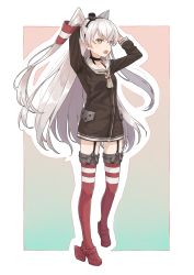 Rule 34 | 1girl, amatsukaze (kancolle), arms up, black hairband, black shirt, brown eyes, dress shirt, floating hair, full body, garter straps, grey neckwear, hairband, highres, ichiroku (sakumogu-029), kantai collection, long hair, open mouth, red footwear, red thighhighs, shirt, silver hair, solo, standing, thighhighs, twintails, two side up, very long hair, white background