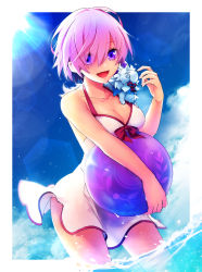 Rule 34 | 1girl, :d, bare shoulders, cocorosso, day, dress, fate/grand order, fate (series), fou (fate), highres, looking at viewer, mash kyrielight, mash kyrielight (swimsuit of perpetual summer), ocean, official alternate costume, open mouth, outdoors, purple eyes, purple hair, short hair, sleeveless, sleeveless dress, smile, white dress