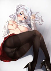 Rule 34 | 1girl, alternate costume, ass, black footwear, black pantyhose, blue eyes, blush, breasts, closed mouth, clothes lift, commentary request, deep skin, foreshortening, grabbing own breast, gradient background, grey background, gusset, high heels, highres, kantai collection, kashima (kancolle), large breasts, legs, lifted by self, long hair, looking at viewer, lying, miniskirt, no bra, no headwear, pantyhose, pleated skirt, red skirt, ribbed sweater, silver hair, skirt, smile, solo, sweater, sweater lift, thighband pantyhose, tsurime, underboob, untue, upskirt, wavy hair, white sweater