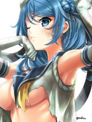 Rule 34 | 10s, 1girl, armpits, arms up, bare shoulders, blue eyes, blue hair, breasts, bruise, detached sleeves, double bun, elbow gloves, eyebrows, from side, gloves, hair between eyes, hair bun, hat, injury, kantai collection, large breasts, long hair, looking at viewer, neckerchief, one eye closed, sailor hat, school uniform, serafuku, simple background, sleeves rolled up, solo, tmsksa, torn clothes, torn neckerchief, undone neckerchief, upper body, urakaze (kancolle), white gloves