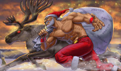 Rule 34 | 1boy, :d, abs, animal, artist name, beard, belt, blue eyes, bobblehat, boots, brown footwear, carrying over shoulder, cat, cloud, cloudy sky, collarbone, commentary request, dated, elk, facial hair, foreshortening, fur-trimmed boots, fur trim, grin, hat, highres, knee boots, male focus, matataku, muscular, navel, nipples, old, old man, open mouth, original, outdoors, over shoulder, pants, parted lips, red eyes, red headwear, red pants, running, sack, santa claus, santa hat, short hair, silver hair, sky, smile, solo focus, sparkle, surprised cat (matataku), teeth, thick eyebrows, thighs, topless male, v-shaped eyebrows, veins