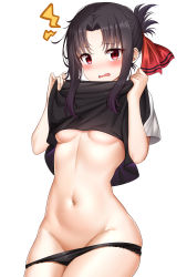 Rule 34 | 1girl, absurdres, black dress, black hair, black panties, blush, breasts, clothes lift, cowboy shot, dress, dress lift, embarrassed, fang, folded ponytail, frown, groin, hair ribbon, hands up, highres, kaguya-sama wa kokurasetai ~tensai-tachi no renai zunousen~, lace, lace-trimmed panties, lace trim, lifted by self, linea alba, long hair, looking at viewer, medium breasts, navel, no bra, notice lines, open mouth, panties, panty pull, parted bangs, ponytail, red eyes, red ribbon, ribbon, shinomiya kaguya, short sleeves, sidelocks, simple background, skindentation, solo, standing, stomach, sunhyun, thighs, underboob, underwear, wavy mouth, white background