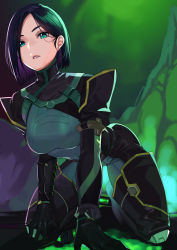 1girl, absurdres, all fours, arm support, black gloves, black legwear, bob cut, bodysuit, breasts, gloves, green background, green bodysuit, green eyes, hair behind ear, highres, kagematsuri, large breasts, looking at viewer, medium hair, parted lips, puffy sleeves, purple hair, solo, thighhighs, twitter username, valorant, viper (valorant)
