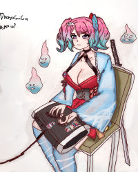 Rule 34 | 1girl, absurdres, aqua hair, arcade stick, breasts, colored tips, controller, flower, game controller, hair ribbon, highres, holding, joystick, leg up, long sleeves, lumilive, multicolored hair, non-web source, pink hair, reiyu guigui, ribbon, self-upload, sticker, sword, virtual youtuber, weapon