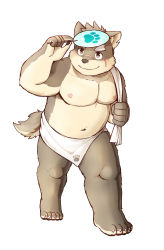 Rule 34 | 1boy, absurdres, animal ears, arange (youhei79384157), bara, brown eyes, brown fur, closed mouth, commentary request, dog boy, dog ears, dog tail, full body, furry, furry male, hand fan, hatching (texture), highres, holding, holding fan, holding towel, large pectorals, linear hatching, male focus, moritaka (housamo), muscular, muscular male, nipples, official alternate costume, pectorals, scar, scar on face, sharp toenails, simple background, smile, solo, tail, thick eyebrows, toenails, tokyo houkago summoners, topless male, towel, towel around waist, walking, white background