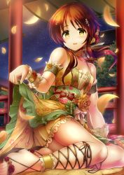 Rule 34 | 10s, 1girl, bare shoulders, blush, breasts, brown eyes, brown hair, dress, feet, flower, hair flower, hair ornament, highres, idolmaster, idolmaster cinderella girls, idolmaster cinderella girls starlight stage, japanese clothes, long hair, looking at viewer, matching hair/eyes, ment, petals, skirt hold, sky, small breasts, smile, solo, star (sky), starry sky, takamori aiko, toes
