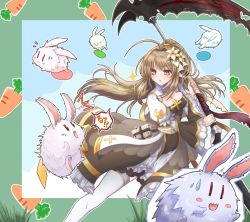 Rule 34 | !?, 1girl, arch bishop (ragnarok online), bow, breasts, brown eyes, brown hair, carrot, cleavage, cleavage cutout, clothing cutout, commentary request, cross, dress, dress bow, eclipse (ragnarok online), feet out of frame, flying sweatdrops, frilled dress, frilled sleeves, frills, grass, highres, holding, holding scythe, juliet sleeves, kuma king, long hair, long sleeves, looking at animal, lunatic (ragnarok online), notice lines, official alternate costume, open mouth, pointy ears, ponytail, puffy sleeves, rabbit, ragnarok online, scythe, sparkle, sweatdrop, thighhighs, two-tone dress, white dress, white thighhighs, yellow bow, | |