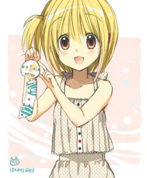 Rule 34 | 1girl, bare shoulders, blonde hair, hibiki no mahou, izumi rei, looking at viewer, open mouth, red eyes, short hair, side ponytail, simple background, wind chime