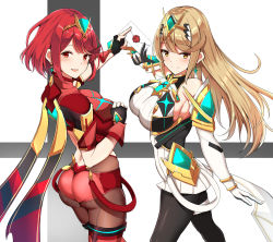 Rule 34 | 2girls, ahoge, ass, bare shoulders, black legwear, blonde hair, blush, bob cut, breasts, chest jewel, circlet, detached sleeves, from behind, gloves, highres, large breasts, long hair, looking at viewer, looking back, multiple girls, mythra (massive melee) (xenoblade), mythra (xenoblade), nintendo, noeomi, pantyhose, pantyhose under shorts, pyra (xenoblade), red eyes, red hair, red shorts, scarf, shiny clothes, shiny skin, short hair, short shorts, shorts, sideboob, skirt, smile, super smash bros., swept bangs, thighhighs, thighs, very long hair, wax seal, xenoblade chronicles (series), xenoblade chronicles 2, yellow eyes