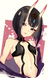 Rule 34 | 1girl, bad id, bad twitter id, bare shoulders, black hair, clothes lift, eyeliner, fate/grand order, fate (series), hair ornament, horns, japanese clothes, kimono, kimono lift, looking at viewer, makeup, navel, off shoulder, purple eyes, short hair, shuten douji (fate), smile, solo, ya 4004