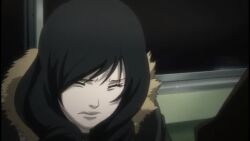 Rule 34 | 1girl, background character, black hair, closed eyes, death note, flinch, screencap, solo, train interior