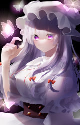 Rule 34 | 1girl, black background, bow, breasts, bug, butterfly, capelet, closed mouth, commentary request, dress, frills, glowing butterfly, hair ribbon, hand up, hat, highres, index finger raised, insect, large breasts, light blush, light smile, long hair, mob cap, patchouli knowledge, purple eyes, purple hair, red bow, ribbon, simple background, solo, touhou, tress ribbon, upper body, white capelet, white dress, white hat, wide sleeves, yukia (yukia 777)