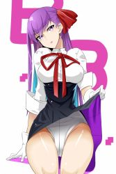 Rule 34 | 10s, 1girl, bad id, bad pixiv id, bb (fate), bb (fate/extra), breasts, clothes lift, doko tetora, fate/extra, fate/extra ccc, fate (series), gloves, hair ribbon, head tilt, long hair, looking at viewer, medium breasts, open mouth, purple eyes, purple hair, ribbon, sitting, skirt, skirt lift, smile, solo, white gloves