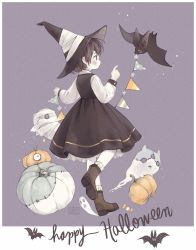 Rule 34 | 1girl, artist name, bandages, bat (animal), black eyes, black hair, blush, boots, closed mouth, commentary, dress, english commentary, fairyapple, full body, ghost, halloween, happy halloween, hat, long sleeves, looking to the side, original, pumpkin, purple background, short hair, simple background, solo, witch hat