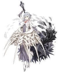 Rule 34 | 1girl, asymmetrical bangs, boots, breasts, crop top, dress, flower, full body, grey eyes, grey hair, high heel boots, high heels, huge weapon, ji no, looking at viewer, mace, official art, rose, sinoalice, small breasts, snow white (sinoalice), solo, transparent background, weapon, white dress, white flower, white rose