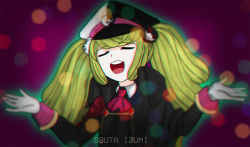 Rule 34 | 1girl, artist name, bear hair ornament, black headwear, black jacket, cape, closed mouth, collared cape, collared jacket, collared shirt, danganronpa (series), danganronpa 3 (anime), danganronpa another episode: ultra despair girls, eyebrows, gradient background, green outline, hair ornament, hat, jacket, long sleeves, military, military hat, military uniform, multicolored clothes, multicolored headwear, outline, palms, purple background, red cape, red headwear, red neckwear, shirt, shrugging, signature, souta izumi, teeth, tongue, towa monaca, twintails, uniform, upper body, upper teeth only, white headwear
