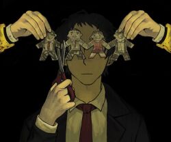 Rule 34 | 1boy, adachi tooru, black jacket, blending, collared shirt, commentary, covering another&#039;s eyes, doujima nanako, doujima ryoutarou, english commentary, facing viewer, frown, highres, holding, holding scissors, izanami (persona), jacket, long sleeves, male focus, narukami yuu, necktie, paper doll, paper doll chain, persona, persona 4, red necktie, scissors, shirt, spoilers, tunneisnakes, upper body, white shirt, yellow sleeves