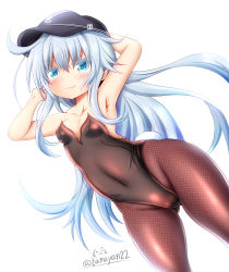 Rule 34 | 1girl, anchor symbol, arm up, armpits, bare arms, bare shoulders, black hat, blue eyes, blue hair, blush, breasts, brown leotard, brown pantyhose, cameltoe, cleft of venus, closed mouth, collarbone, commentary request, covered navel, dutch angle, flat cap, gluteal fold, hair between eyes, hand up, hat, head tilt, hibiki (kancolle), highres, kantai collection, leotard, long hair, looking at viewer, pantyhose, playboy bunny, rabbit tail, simple background, small breasts, smile, solo, strapless, strapless leotard, tail, tamayan, twitter username, very long hair, white background