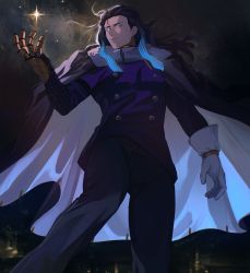 Rule 34 | 1boy, black hair, black pants, blue eyes, blue hair, cape, commentary request, fate/grand order, fate (series), feet out of frame, from below, gloves, gradient hair, highres, jacket, long sleeves, looking away, male focus, multicolored hair, nikola tesla (fate), pants, solo, sosaka, star (sky), twitter username, white gloves